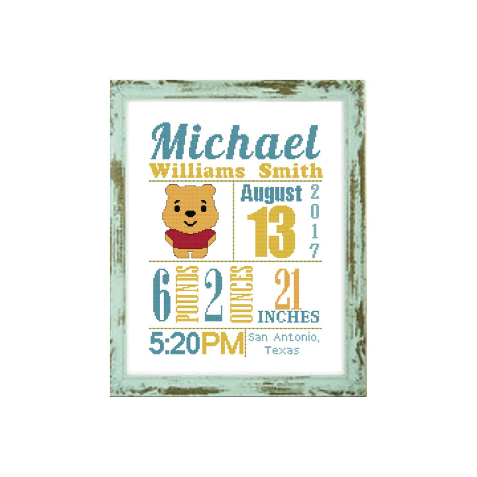 Winnie the Pooh Birth Announcement cross stitch pattern baby Etsy