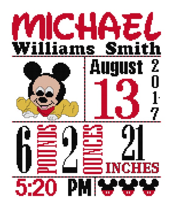 Mickey Mouse Birth Announcement Cross Stitch Pattern Baby Etsy