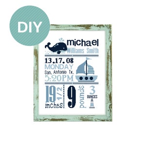 Könnte beinhalten: Ein blaues und weißes Kreuzstich-Design mit einem Wal, einem Segelboot und einem Leuchtturm. Der Text lautet "michael Williams Smith", "13.17.08 MONTAG San. Antonio Tx. 17:20 Uhr", "19 1/2 Zoll", "9 Pfund", und "3 Unzen".