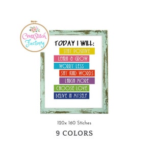 Today I Will Cross Stitch Pattern Motiverend kruissteekpatroon positief citaat bevestiging inspiratie borduurwerk
