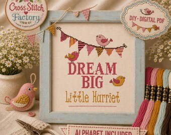 Dream Big Baby Girl Embroidery Cross Stitch Pattern | Pink Nursery Birth Sampler (Digital PDF)