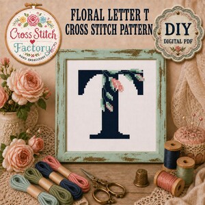 Floral Letter T Cross Stitch Pattern - Monogram Alphabet (PDF Pattern)