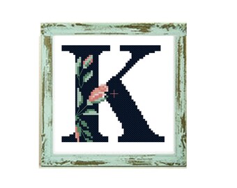 Floral Letter «K» -Flowers monogram K cross stitch pattern letter K alphabet monogram cross stitch wedding cross stitch initial cross stitch