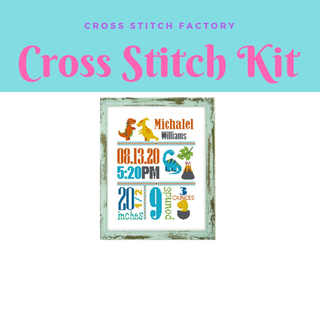 Dinosaur Cross Stitch Kit Birth Announcement Baby Cross Stitch Etsy