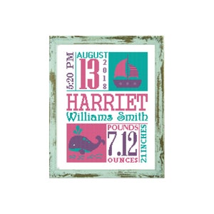 Nautical Birth Announcement Cross Stitch Pattern Baby Cross Stitch baby announcement nautical cross stitch girl announcement new baby girl