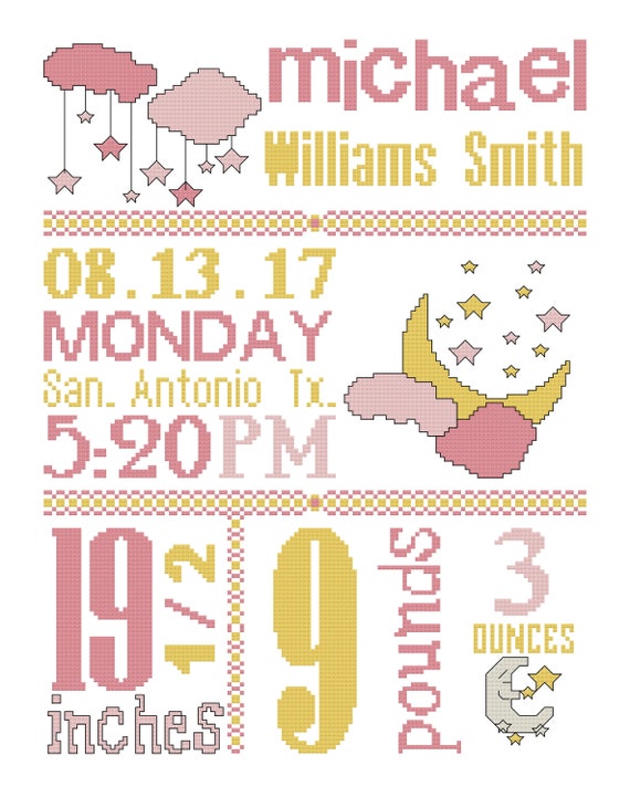 Moon And Stars Birth Announcement Baby Girl Cross Stitch Etsy