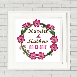 Wedding cross stitch pattern Custom Cross Stitch custom wedding gift Wedding gift for couple Floral Cross Stitch custom wreath couple cross