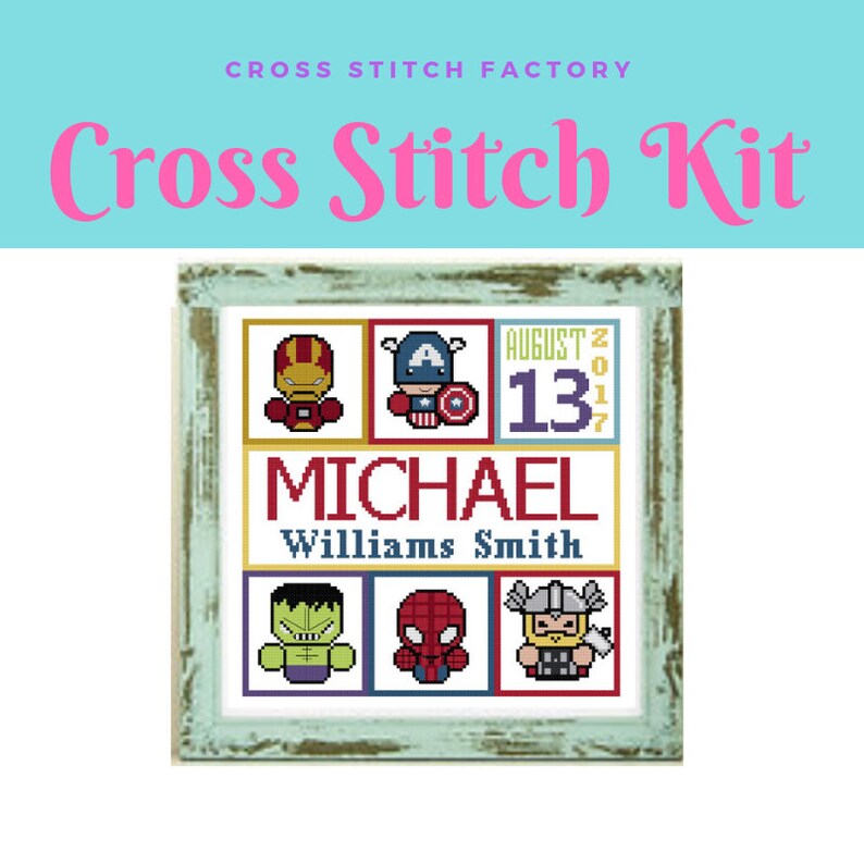 Baby Avengers Cross Stitch Kit Pattern Avengers Birth announcement Cross Stitch Pattern custom cross stitch Avengers cross stitch Kit