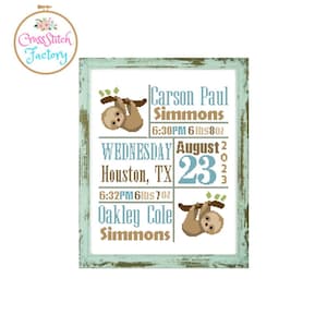 lazy sloths birth announcement Twins baby cross stitch pattern Birth announcement Custom Cross Stitch cross stitch chart twins cross stitch
