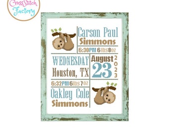 lazy sloths birth announcement Twins baby cross stitch pattern Birth announcement Custom Cross Stitch cross stitch chart twins cross stitch
