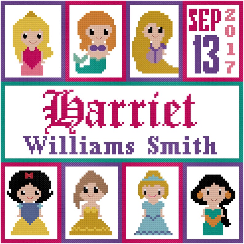 Disney Princess Birth Announcement Cross Stitch Patternbaby Etsy