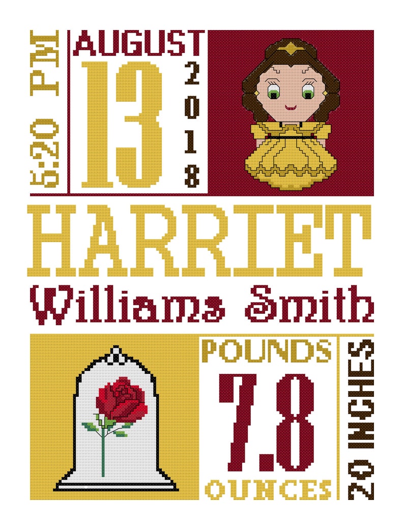 Belle Baby Announcement Custom Cross Stitch Disney Cross Stitch Baby Announcement Baby Cross Stitch The Beauty And The Beast Chart Patterns Sewing Needlecraft Kromasol Com