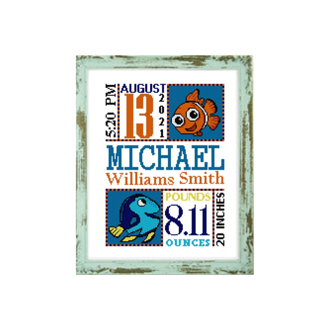Finding Nemo Birth Announcement Cross Stitch Pattern Nemo Baby Pattern