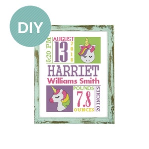 Unicorn Birth Announcement DIY Cross Stitch baby cross stitch unicorn cross stitch modern cross stitch rainbow unicorn baby unicorn