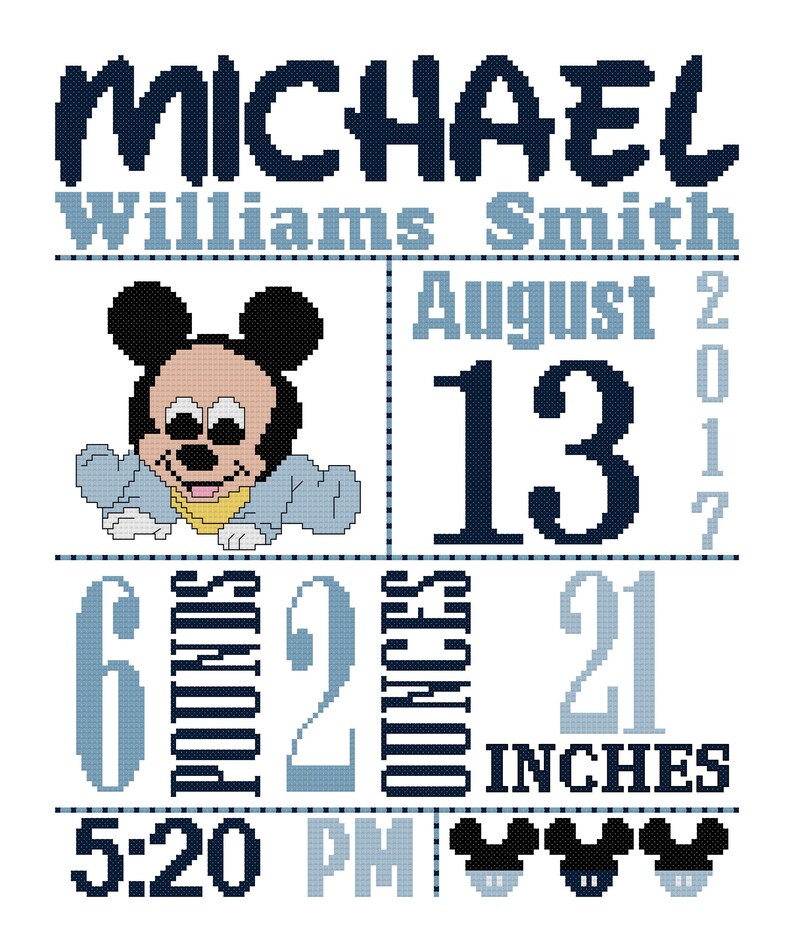 Mickey Mouse Birth Announcement Cross Stitch Pattern Baby Etsy