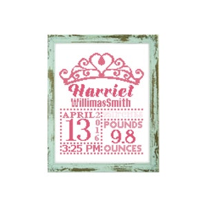 Anúncio de nascimento de princesa, padrão em ponto cruz personalizado, anúncio de bebê, berçário de princesa, coroa de princesa, anúncio de recém-nascido