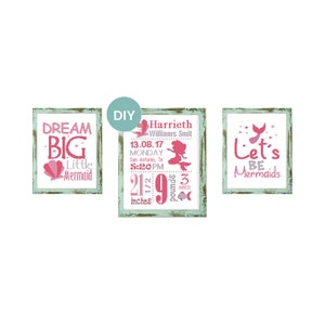 Set of 3 Mermaid Baby Cross stitch pattern DIY Cross Stitch baby  pink cross stitch Birth Announcement mermaid cross stitch