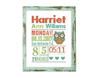 Owl cross stitch pattern custom cross stitch birth announcement Nursery cross stitch baby announcement personalized birth cute cross stitch