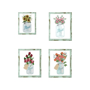Set of 4 Floral cross stitch pattern mason jar cross stitch cross stitch pattern mason jar decor flower cross stitch flowers cross stitch