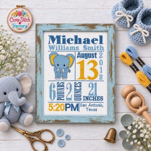 May include: A framed cross-stitch birth announcement featuring a blue elephant, the name Michael Williams Smith, the date August 2, 2018, and birth details including 6 pounds 2 ounces, 21 inches, 5:20 PM, and San Antonio, Texas in blue and gold.