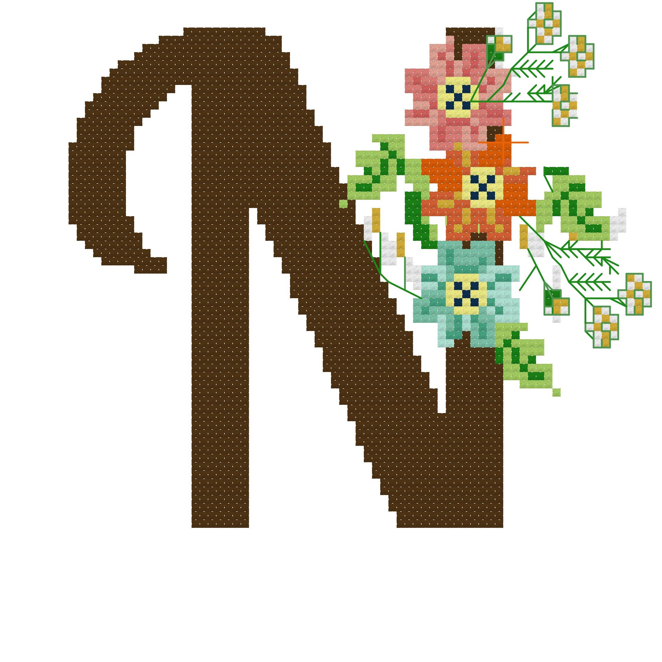 Floral Letter N flowers Monogram N Cross Stitch Pattern Etsy