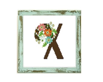 Letter X, cross stitch pattern monogram letter, floral cross stitch flowers, counted cross stitch pattern alphabet