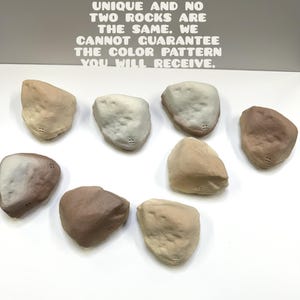 May include: An assortment of eight uniquely shaped, beige and brown decorative rocks. The rocks vary in color and texture, with some displaying a marbled effect. Text at the top states, "Each rock is unique and no two rocks are the same. We cannot guarantee the color pattern you will receive."