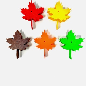 May include: Five foam maple leaves in different colors: red, yellow, brown, orange, and green. The leaves are all the same size and shape, and they have a hole in the center.