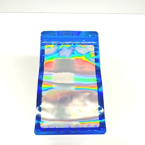 May include: A blue iridescent resealable pouch with a clear window. The pouch is made of a durable, waterproof material and is perfect for storing small items.