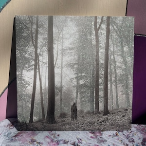 May include: A black and white photograph of a person standing in a foggy forest. The trees are tall and the ground is covered in leaves. The person is wearing a coat and is looking down at the ground.