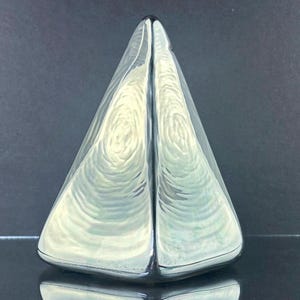 Op de afbeelding: Een zilverkleurig, driehoekig beeldhouwwerk met een reflecterend oppervlak. Het beeldhouwwerk heeft een gladde, afgeronde basis en een puntige top. De binnenkant heeft een wervelend, gestructureerd patroon.