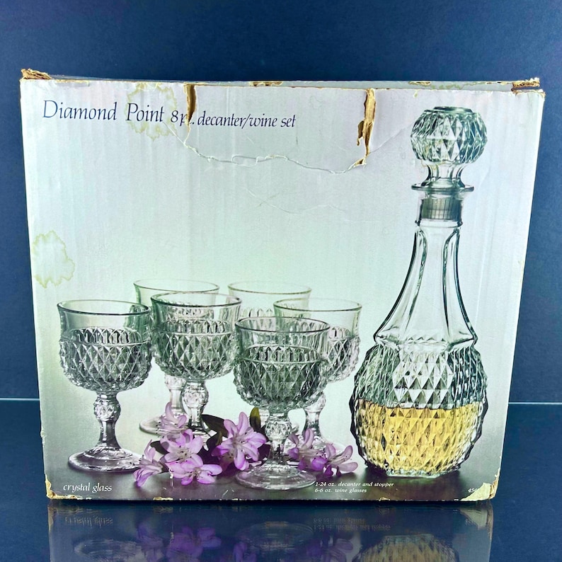 Vintage Indiana Glass Diamond Point Wine Set, 6 Glasses Decanter ...