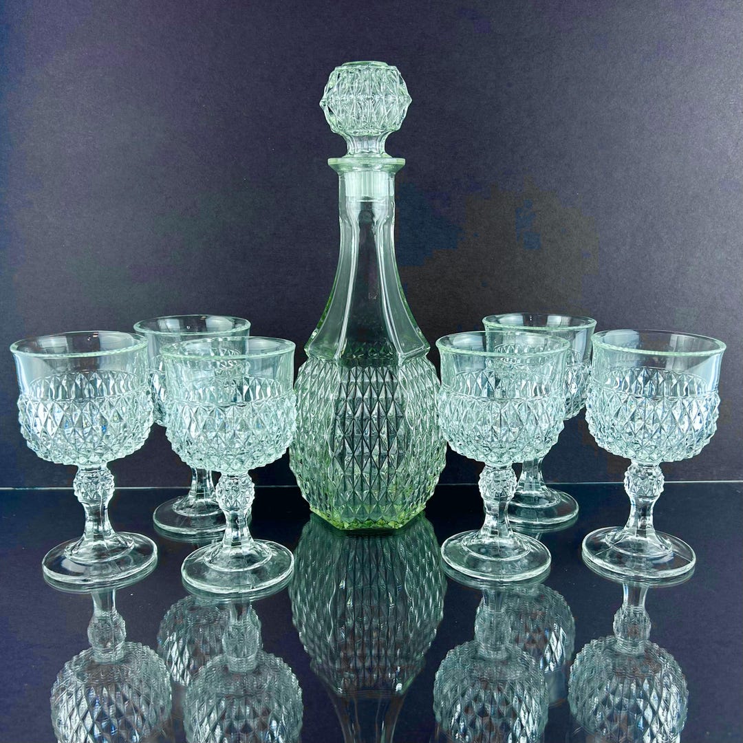 Vintage Indiana Glass Diamond Point Wine Set, 6 Glasses Decanter ...