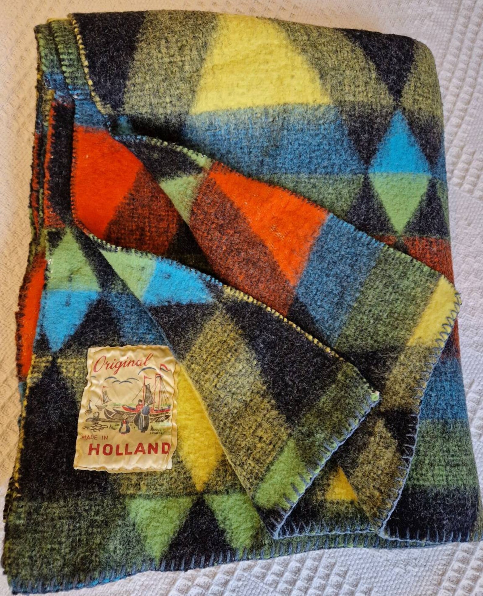 Vintage Dutch Blanket Wool Blend Diamond Triangle Design Etsy UK