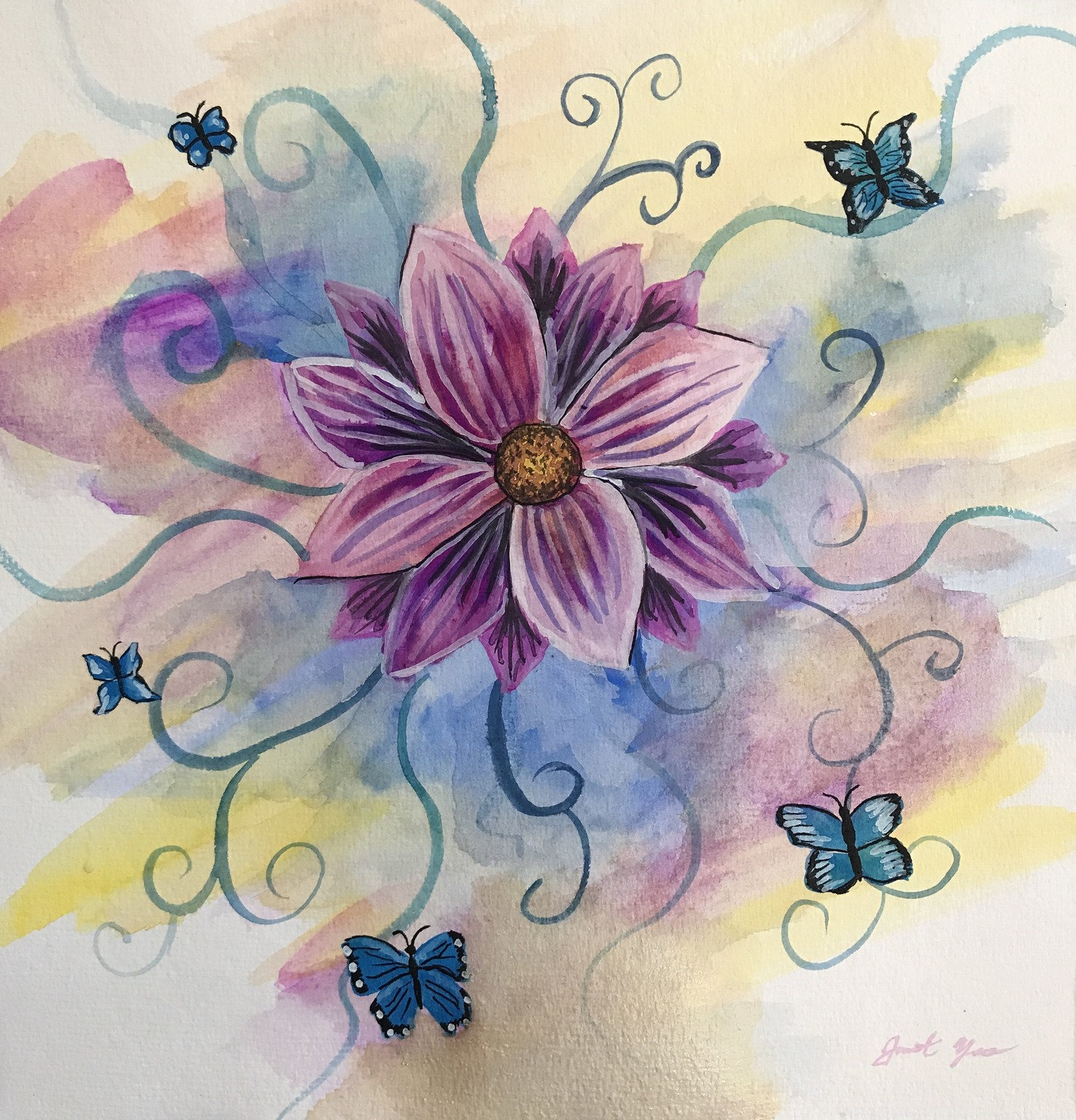Flower and Butterflies Painting Etsy