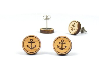Anchor Stud Wood Earrings - Maple or Alder wood