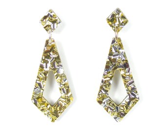 Shimmer 'Falling Diamond'  Acrylic Drop Earring – Gold & Silver Sparkle