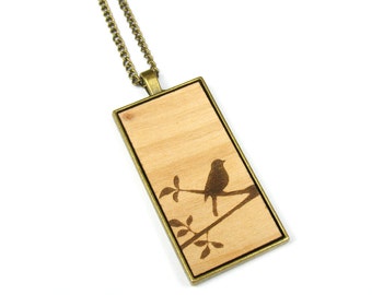 Bird on a Branch Wood Pendant Necklaces