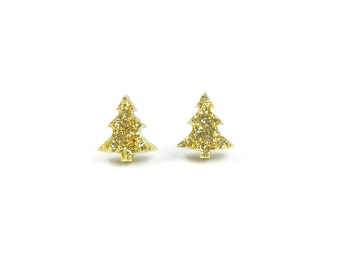 Christmas Tree Acrylic Stud Earrings - Glitter Gold