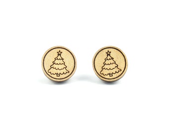 Christmas Tree Round Stud Wood Earrings - Alder wood