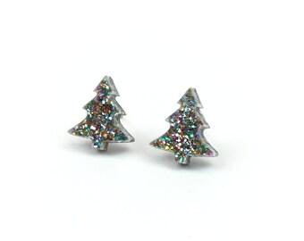 Christmas Tree Acrylic Stud Earrings - Rainbow Glitter