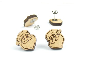 Santa Claus Stud Wood Earrings - Alder wood - Christmas