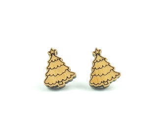 Christmas Tree Stud Wood Earrings - Alder Wood - Christmas