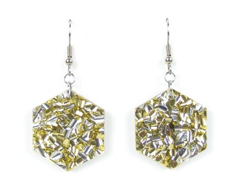 Shimmer 'Hex' Acrylic Hook Earring – Gold & Silver Sparkle