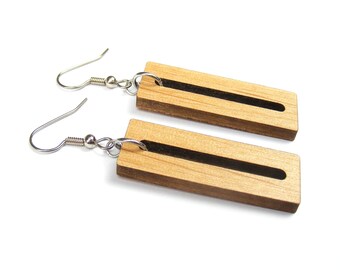 Rectangle 'Peekaboo' Wood Hanging Earrings - Maple, Alder or Walnut