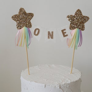 Gold Pastel rainbow cake topper, rainbow theme, shooting star, first birthday cake smash