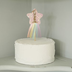 Rainbow ribbon cake topper, pastel rainbow, glitter star, cake smash, first birthday