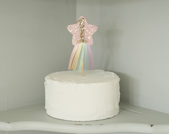 Rainbow ribbon cake topper, pastel rainbow, glitter star, cake smash, first birthday