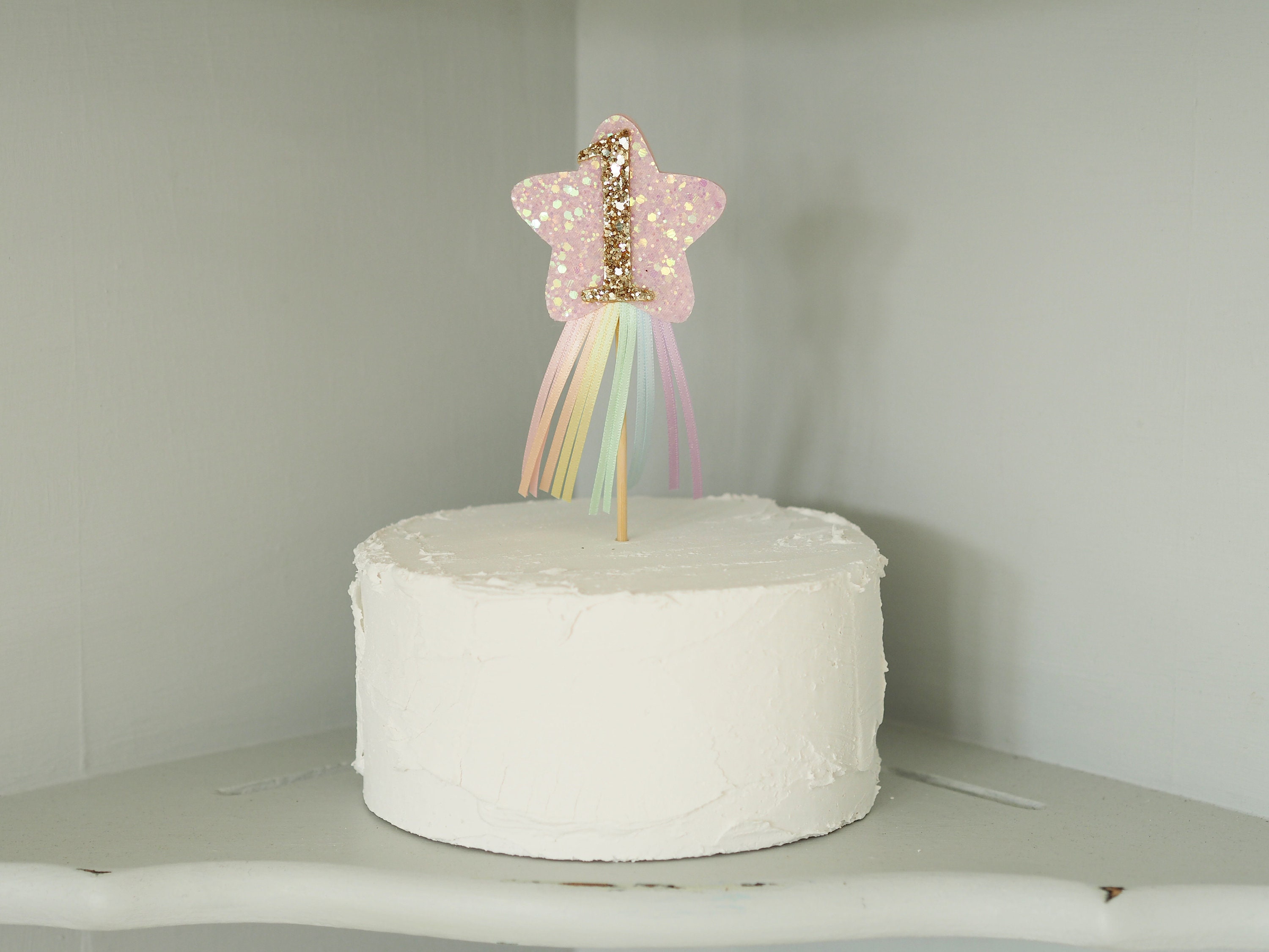 Rainbow Ribbon Cake Topper, Pastel Rainbow, Glitter Star, Cake Smash ...