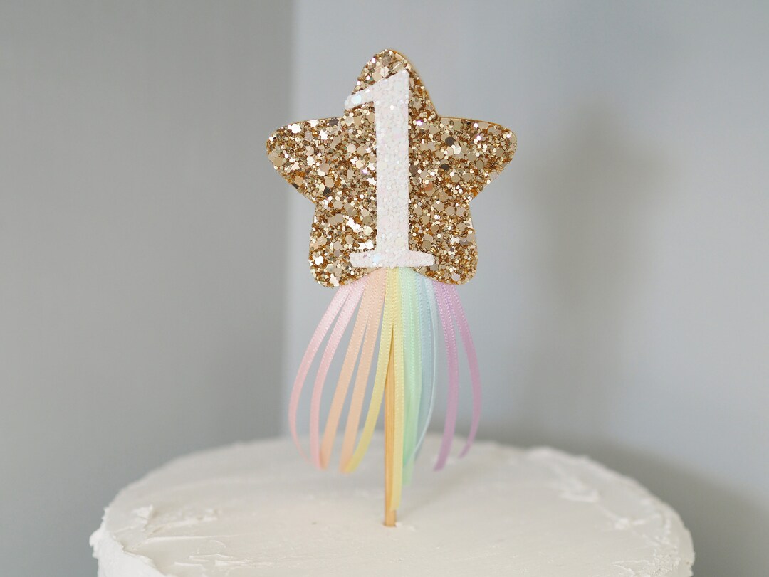 Rainbow Ribbon Cake Topper, Pastel Rainbow, Glitter Star, Cake Smash ...